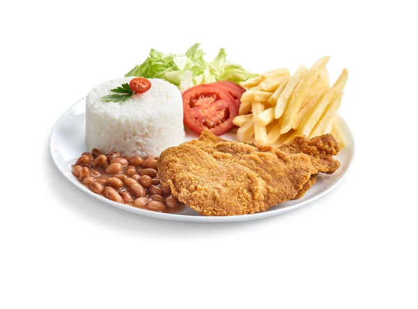 File deTilapia empanado, Arroz, Feijão, Fritas, Salada e Molho de Alho da casa.